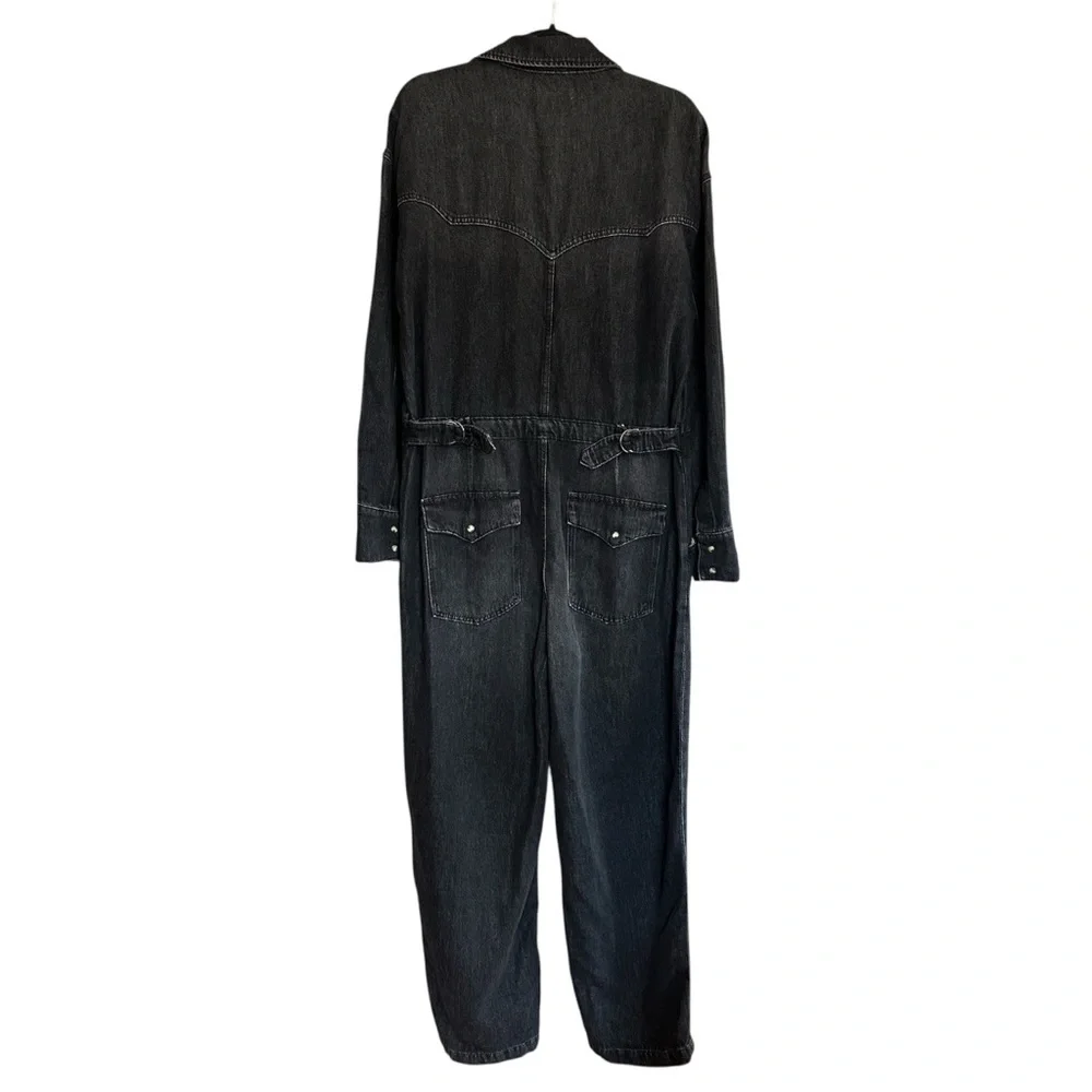 free people townes black denim long sleeve button up jumpsuit coveralls